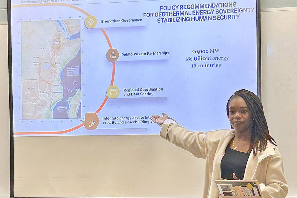 Native Kenyan Nyasaina Kwamboka, who earned her Master of Arts in International Affairs from Middle Tennessee State University in Murfreesboro, Tenn., on Saturday, Aug. 8, presents her research during one of her classes. As a graduate assistant in the Department of Political and Global Affairs, she conducted research on geothermal energy and human security, collaborated with faculty members across disciplines and continued leading the nonprofit organization she founded before arriving at MTSU. (Submitted photo)