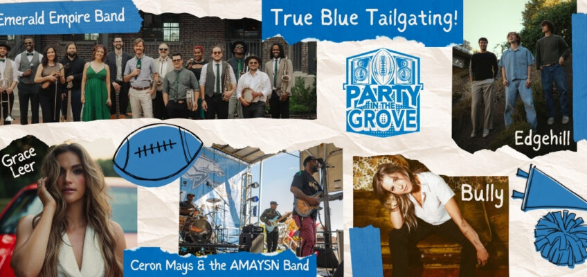 A poster for Party in the Grove features images of each performer, a blue football sticker and a blue pompom sticker on an off-white paper background.