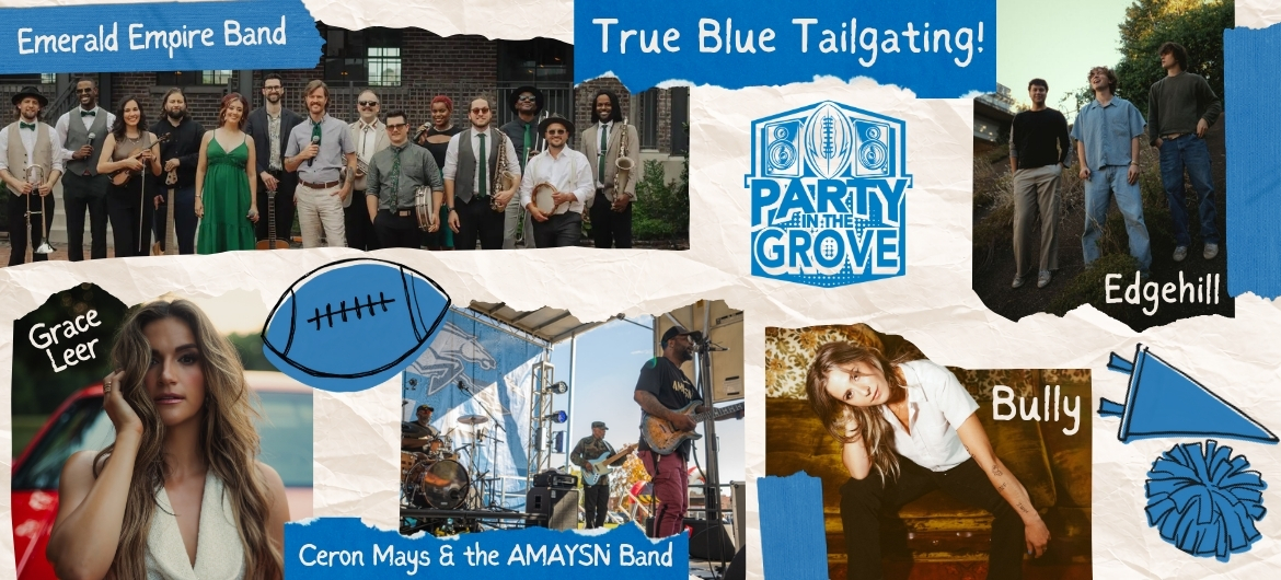 A poster for Party in the Grove features images of each performer, a blue football sticker and a blue pompom sticker on an off-white paper background.