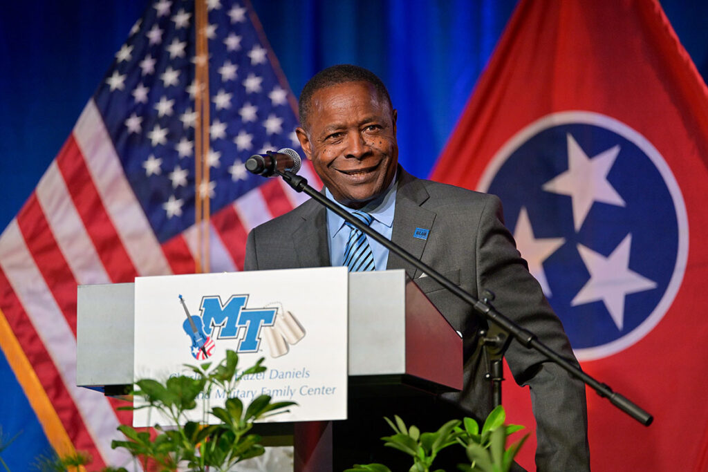 Middle Tennessee State University President Sidney A. McPhee thanked the Daniels family for their support of all veterans, not only students, during a ceremony in the Keathley University Center Theater, on Aug. 5, 2026. (MTSU Photo by Andy Heidt)