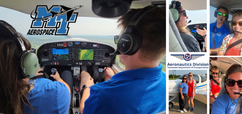 A collage of images featuring Rhea County teacher learning to fly.