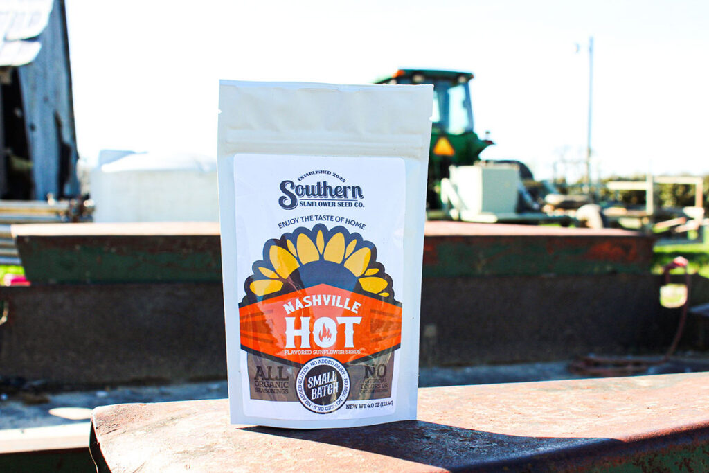 In a promotional photo, a bag of Southern Sunflower Seed Co.’s Nashville Hot flavored sunflower seeds is shown. Middle Tennessee State University public relations student Beckham Scott started the business with his longtime friend Levi Melton in 2025 and credits his MTSU education with helping him succeed in the business venture. (Submitted photo)