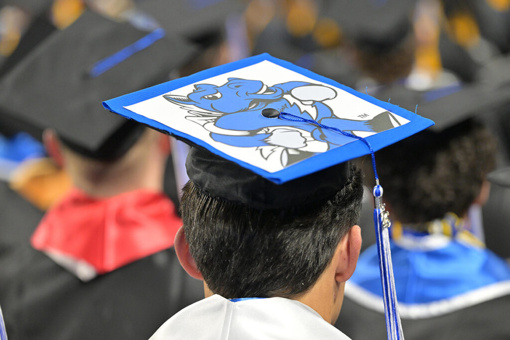 A Middle Tennessee State University summer graduate wears a mortarboard featuring the university’s mascot Lightning during the summer commencement ceremony held Saturday, Aug. 8, 2026, inside Murphy Center on campus in Murfreesboro, Tenn. (MTSU photo by James Cessna)