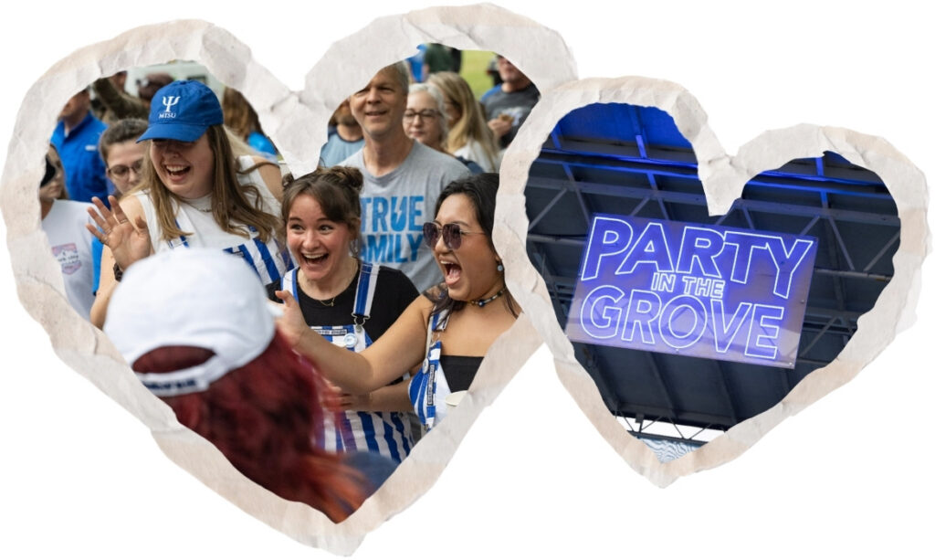 Students wearing Blue and white overalls smile and cheer during Raider Walk in Walnut Grove.