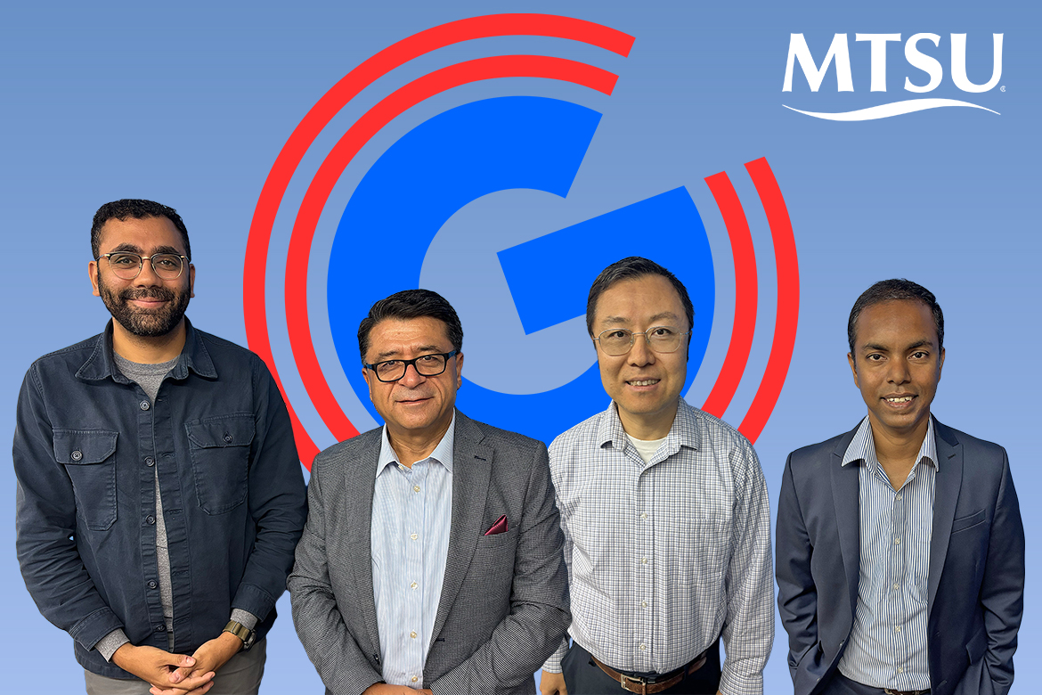 Illustration of four men standing with single-letter WGNS Radio behind them and MTSU logo at top right.