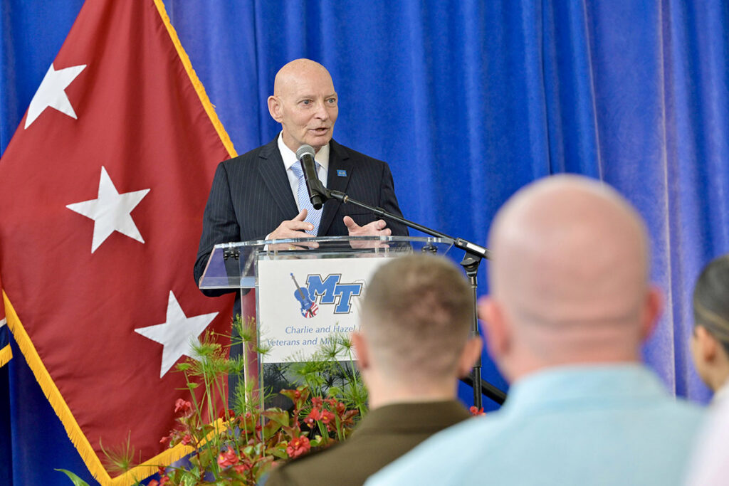 Retired Lt. Gen. Keith M. Huber, senior adviser for veterans and leadership initiatives at Middle Tennessee State University in Murfreesboro, Tenn., speaks to the crowd gathered Thursday, Aug. 6, for the Graduating Veterans Stole Ceremony held at Miller Education Center and hosted by the Charlie and Hazel Daniels Veterans and Military Family Center. Over 50 student veterans will graduate Saturday, Aug. 8, in MTSU’s Murphy Center. (MTSU photo by Andy Heidt)