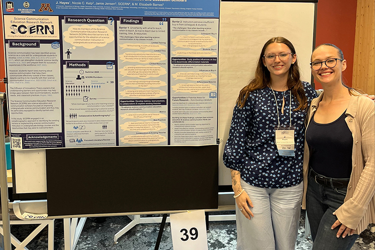 Liz Barnes, right, Middle Tennessee State University biology professor and researcher, and J. Hayes, MTSU Mathematics and Science Ph.D. student, pose with a poster of their science education communication research at the Society for the Advancement of Biology Education Research Conference at Michigan State University in Lansing, Mich., in July 2026. (Submitted photo)