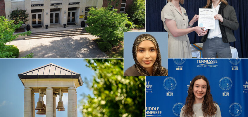 A collage of two buildings and three students, one staff member.