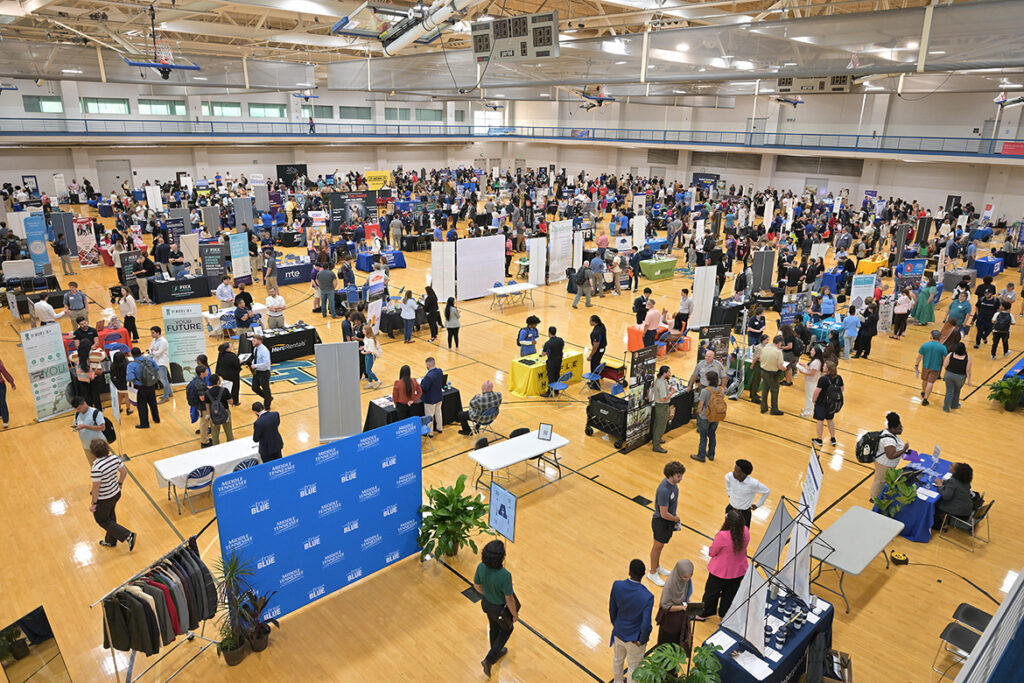 Hundreds of students at Middle Tennessee State University in Murfreesboro, Tenn., visit the recruitment tables of 170 employers and graduate programs that sent representatives to the annual Big Career Fair on Thursday, Sept. 24, 2026, in the Campus Recreation Center. (MTSU photo by James Cessna)