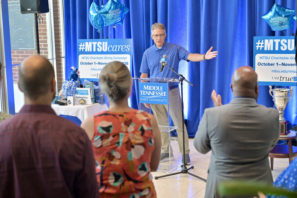 Mark Byrnes, provost at Middle Tennessee State University in Murfreesboro, Tenn., talks about the importance of giving to the 2026-27 Employee Charitable Giving Campaign at the campaign kickoff in mid-September in the Cope Administration Building lobby. This year’s campaign runs Oct. 1 to Nov. 15 with a goal of $170,000. (MTSU photo by J. Intintoli)