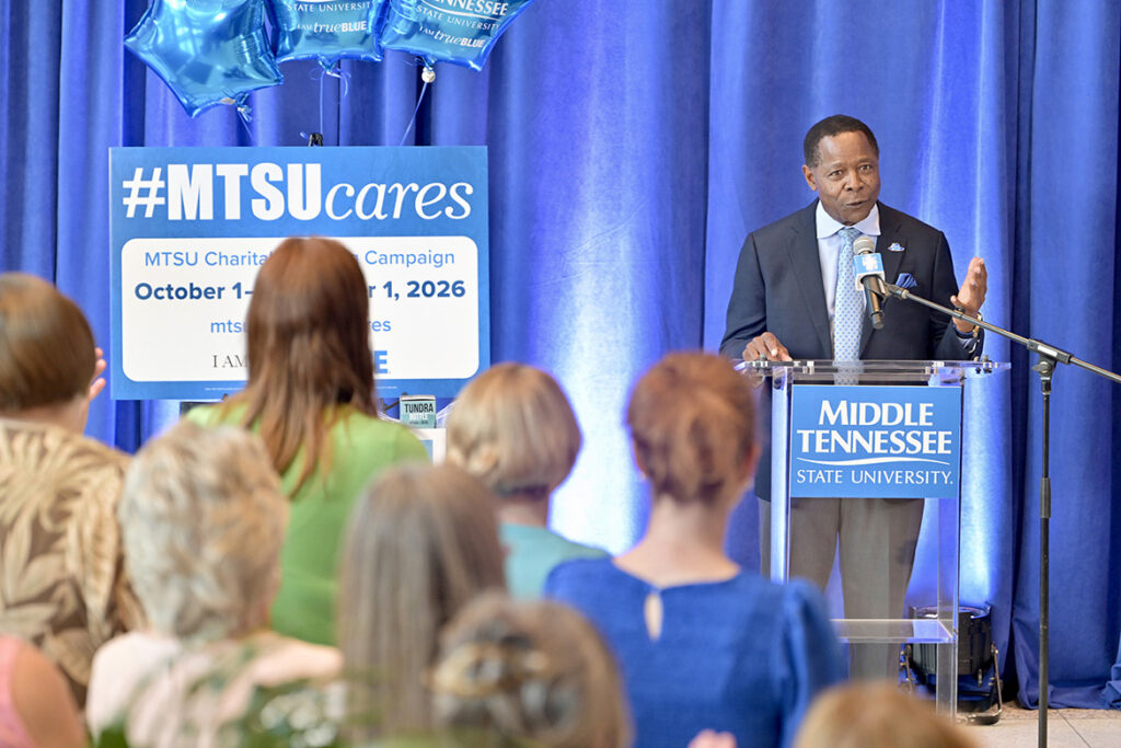Sidney A. McPhee, president of Middle Tennessee State University in Murfreesboro, Tenn., talks about the record $170,000 goal for the 2026-27 Employee Charitable Giving Campaign at the campaign kickoff in mid-September in the Cope Administration Building lobby. This year’s campaign runs Oct. 1 to Nov. 15. (MTSU photo by J. Intintoli).