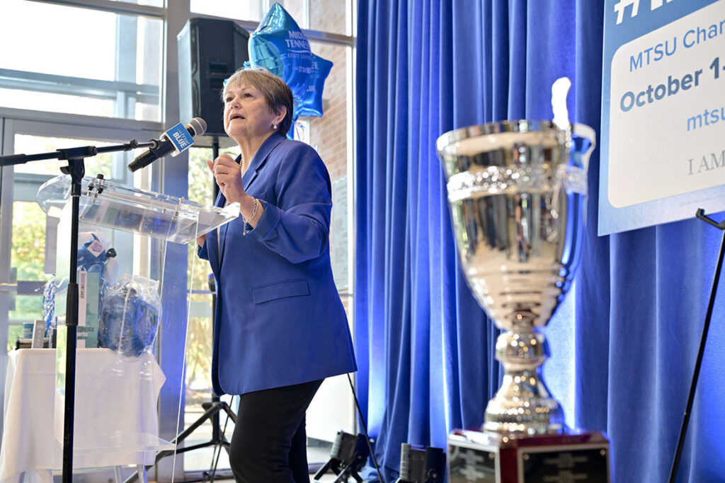 Joyce Heames, dean of the Jennings A. Jones College of Business at Middle Tennessee State University in Murfreesboro, Tenn., talks about how nonprofits supported her early on in life as a young, single mom at the kickoff of the 2026-27 Employee Charitable Giving Campaign in mid-September in the Cope Administration Building lobby. This year’s campaign runs Oct. 1 to Nov. 15. (MTSU photo by J. Intintoli).