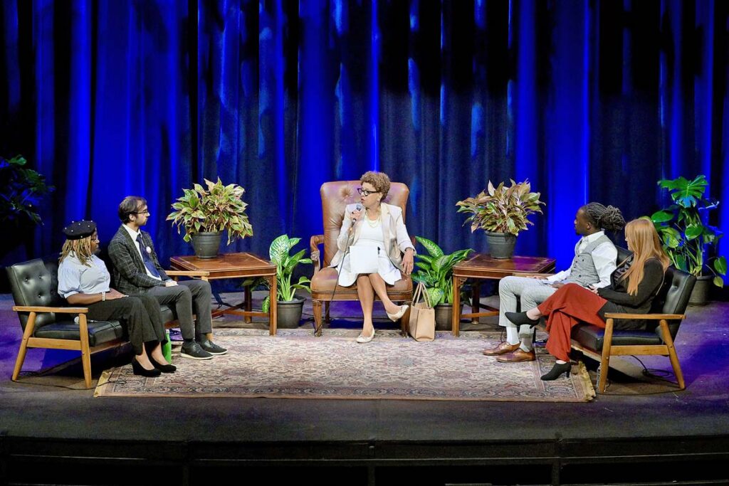 Georgetown University law professor Sheryll Cashin, center, answers a question from a student moderator on stage in Tucker Theatre at Middle Tennessee State University in Murfreesboro, Tenn., as part of the university’s annual Constitution Day keynote event held Monday, Sept. 17, 2026. On stage, from left, are student moderators DeAsia Powell, Marcus Rosario, Cashin, and student moderators Truvell Haddox and Morgan Kirkpatrick. (MTSU photo by Andy Heidt)