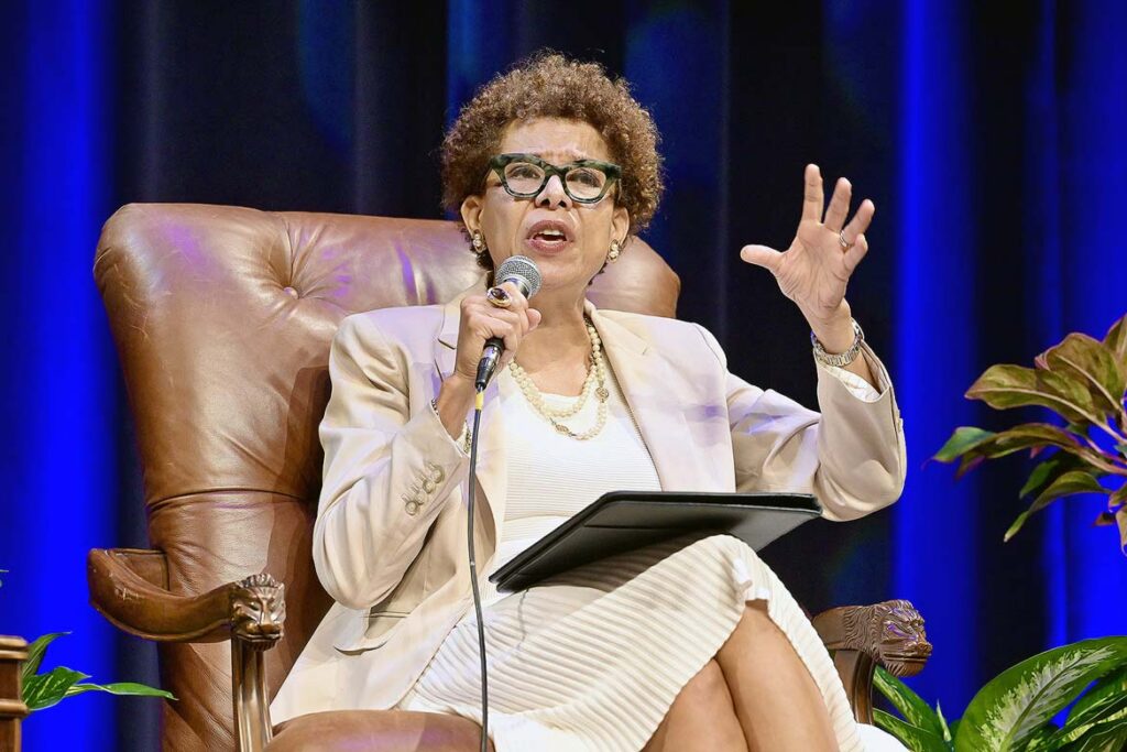Nationally recognized legal scholar and Georgetown University law professor Sheryll Cashin speaks to the crowd gathered in Tucker Theatre at Middle Tennessee State University in Murfreesboro, Tenn., on Thursday, Sept. 17, 2026. Cashin led a student-moderated panel on the topic of “What would the Founding Fathers think of today’s Supreme Court?” as part of Constitution Day observances across campus. (MTSU photo by Andy Heidt)