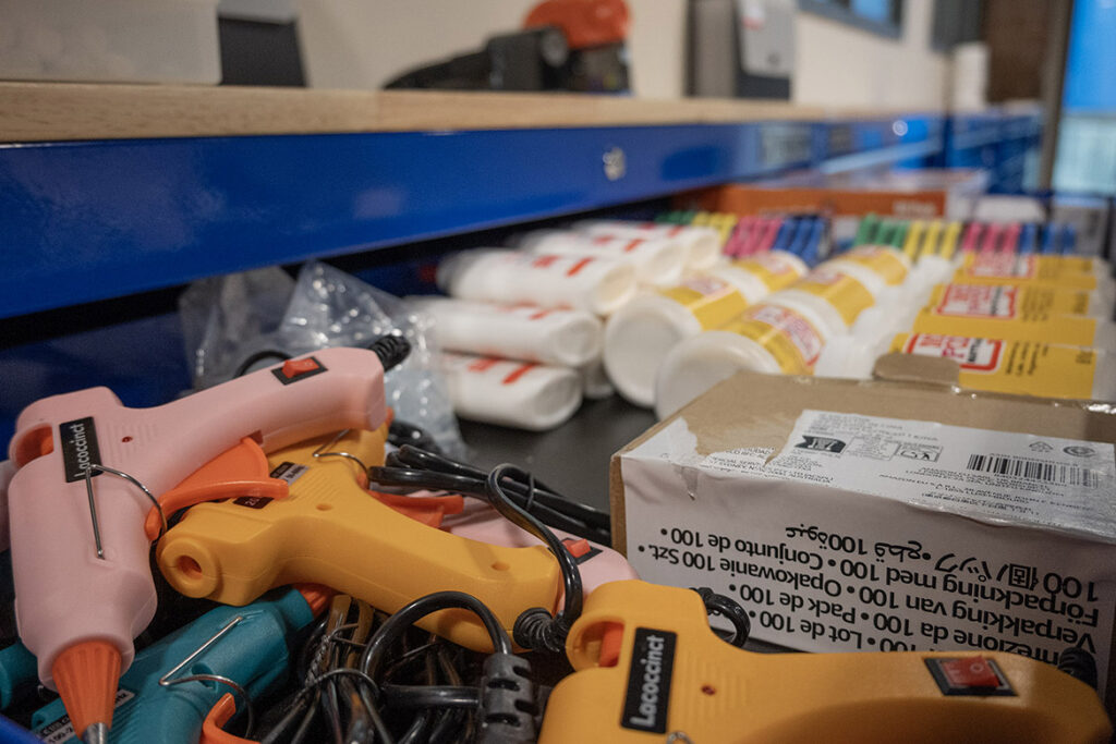 A tangle of hot glue guns and Mod Podge glue are ready for use by Middle Tennessee State University students inside the Student Union Craft Center, which opened Sept. 8, 2026, on the second floor of the Student Union Building at Middle Tennessee State University in Murfreesboro, Tenn. (MTSU photo by Cat Curtis Murphy)