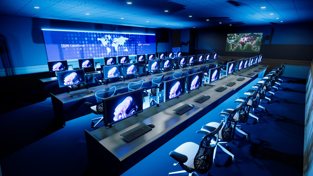 Artist rendering showing rows of computer terminals in a dimly lit classroom, facing a large screen.