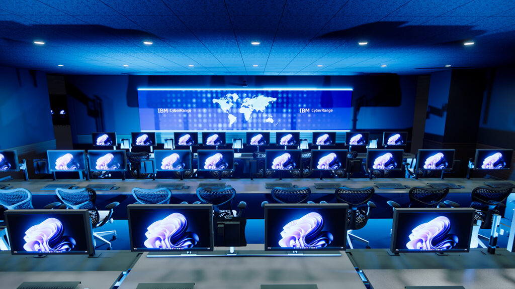 Artist rendering showing rows of computer terminals in a dimly lit classroom, facing a large screen.