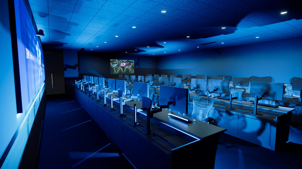 Artist rendering showing rows of computer terminals in a dimly lit classroom, facing a large screen.