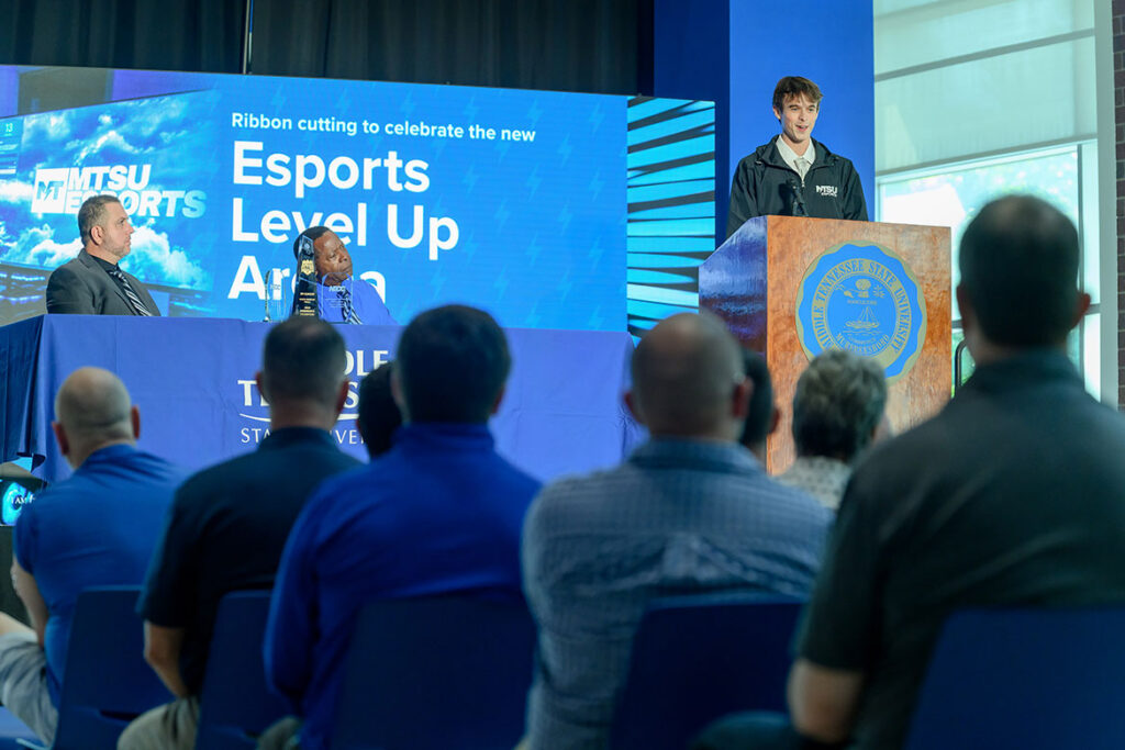 Kyle Greaney, a Middle Tennessee State University video and film production student and vice president of MTSU Esports from Memphis, Tenn., shares what the newly expanded Esports Level Up Arena will mean to current and future students during a ribbon-cutting and partnership signing ceremony on Tuesday, Sept. 22, 2026, in the Student Union Building atrium on MTSU’s Murfreesboro, Tenn., campus. (MTSU Photo by J. Intintoli)