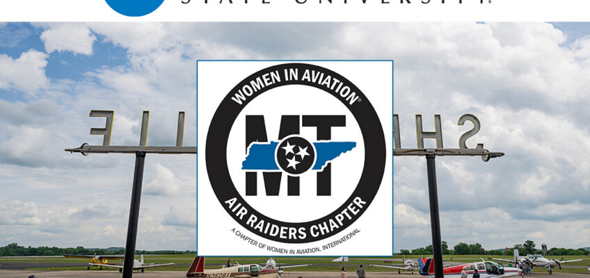 Illustration of multiple single-engine airplanes on tarmac paired with two logos.