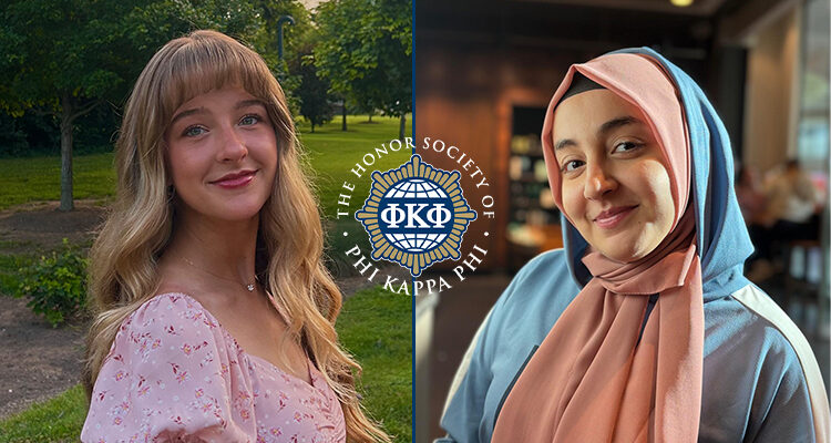 Collage of two women smiling with circular logo in the center.