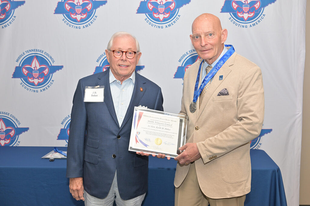 Retired Army Lt. Gen. Keith Huber, right, senior adviser for veterans and leadership initiatives at Middle Tennessee State University, is honored by the Middle Tennessee Council of Scouting America with its Outstanding Eagle Scout Award for his 38-year military career and his service to the university. Pictured with Huber at the special ceremony held Sept. 15, 2026, in Nashville, Tenn., is MTSU Trustee and fellow Outstanding Eagle Scout Award recipient J.B. Baker, who also serves as chairman of the council’s Board of Endowment Trustees. (MTSU photo by Andrew Oppmann)