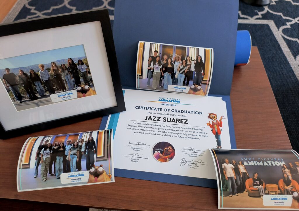 An internship certificate of completion for Jazz Suarez, a senior animation major at Middle Tennessee State University in Murfreesboro, Tenn., lies amid photos from her summer internship as a production assistant at Sony Pictures Animation in Los Angeles, Calif. (Submitted photo)
