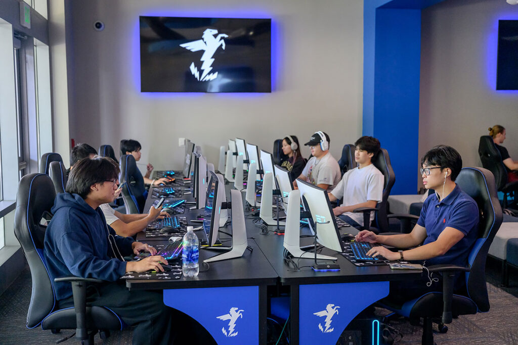 Middle Tennessee State University students are seen here in the newly expanded Esports Level Up Arena located on the first floor of the Student Union Building on the Murfreesboro, Tenn., campus. The Level Up Arena provides a casual gaming space, console gaming space and competitive gaming space and is open to all MTSU students. (MTSU Photo by J. Intintoli)