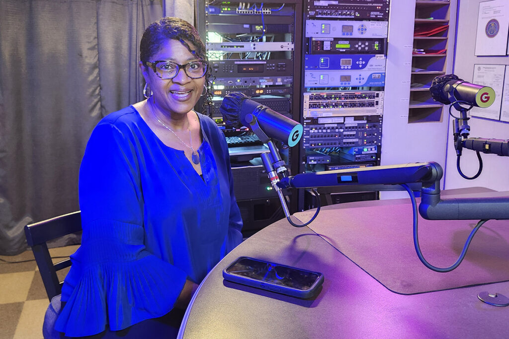 Leah Tolbert Lyons, dean of the MTSU College of Liberal Arts at Middle Tennessee State University, awaits a Sept. 21 interview in WGNS Radio’s downtown Murfreesboro, Tenn., studio. (MTSU photo by Jimmy Hart)