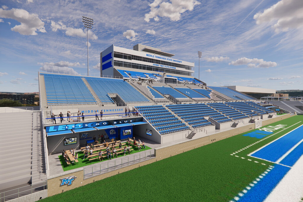 This architectural rendering shows proposed renovations to the west side of Floyd Stadium, the home of the Blue Raider football team at Middle Tennessee State University in Murfreesboro, Tenn. (Courtesy of MTSU Athletics)