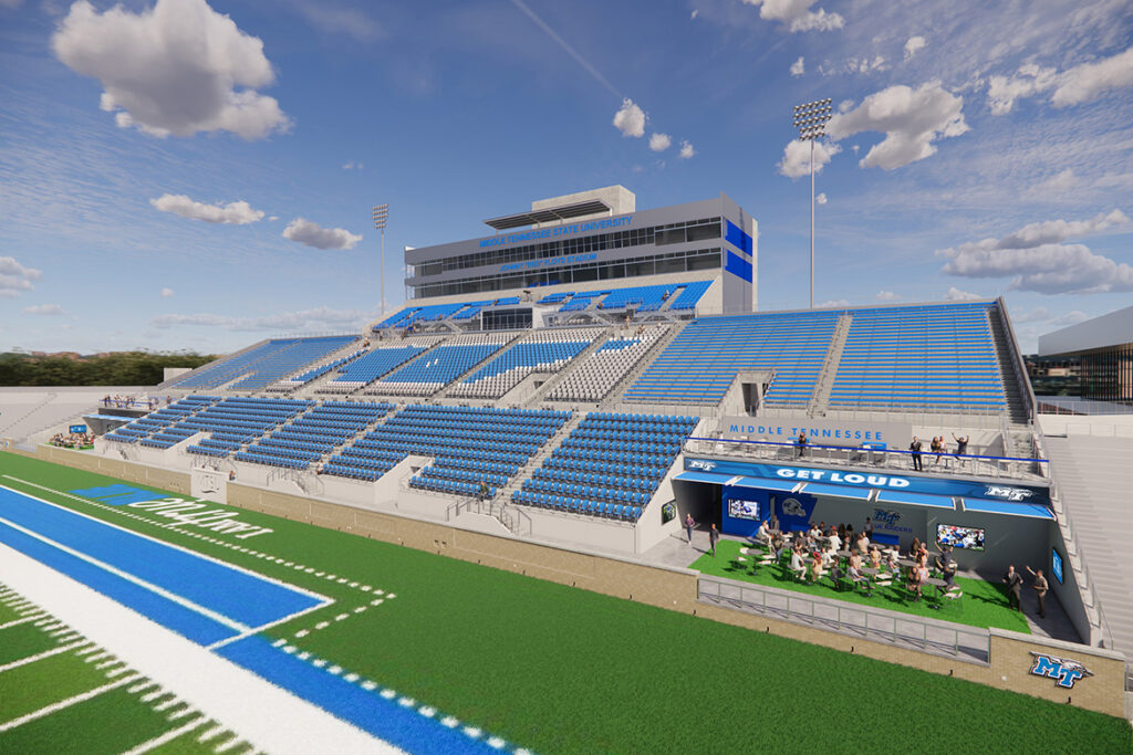This architectural rendering shows proposed renovations to the west side of Floyd Stadium, the home of the Blue Raider football team at Middle Tennessee State University in Murfreesboro, Tenn. (Courtesy of MTSU Athletics)