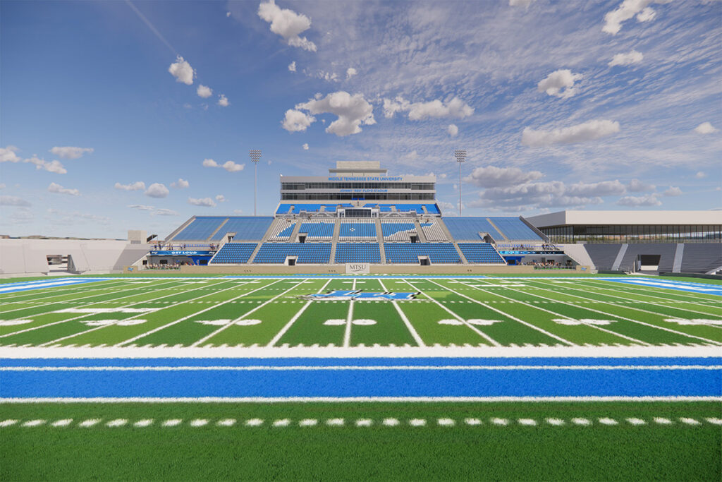 This architectural rendering shows proposed renovations to the west side of Floyd Stadium, the home of the Blue Raider football team at Middle Tennessee State University in Murfreesboro, Tenn. (Courtesy of MTSU Athletics)