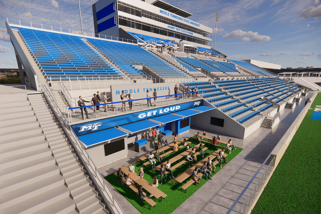 This architectural rendering shows proposed renovations to the west side of Floyd Stadium, the home of the Blue Raider football team at Middle Tennessee State University in Murfreesboro, Tenn. (Courtesy of MTSU Athletics)