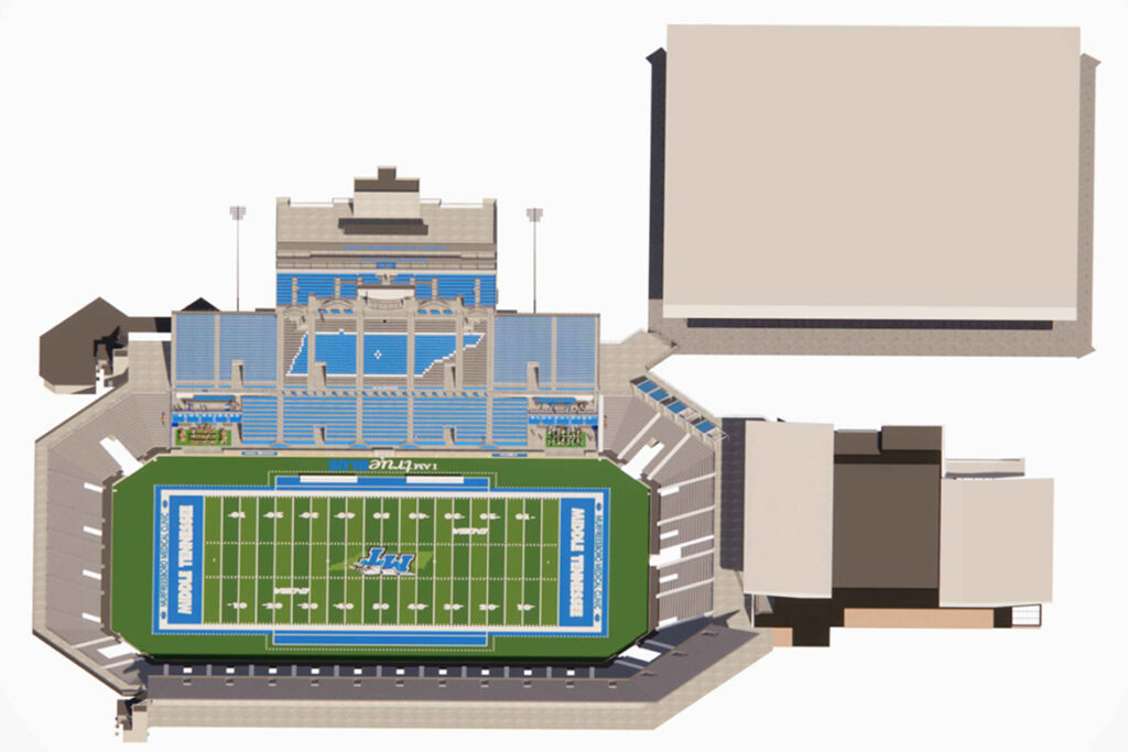 This architectural rendering shows an overhead view of proposed renovations to the west side of Floyd Stadium, the home of the Blue Raider football team at Middle Tennessee State University in Murfreesboro, Tenn. (Courtesy of MTSU Athletics)