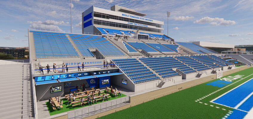 This architectural rendering shows proposed renovations to the west side of Floyd Stadium, the home of the Blue Raider football team at Middle Tennessee State University in Murfreesboro, Tenn.