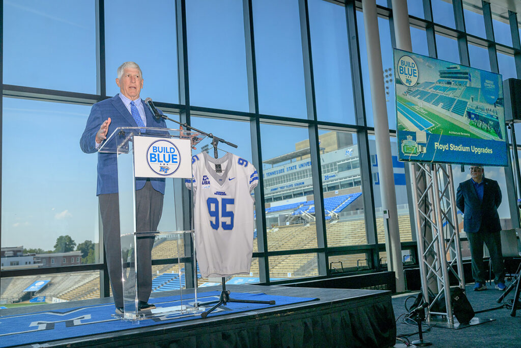 Middle Tennessee State University Director of Athletics Chris Massaro gives details on a $16 million west seating upgrade to Floyd Stadium during a press conference held Thursday, Sept. 3, 2026, inside the SRM Concrete Club on the third floor of the Smith Student-Athlete Performance Center on the stadium’s north end. The project will begin at season’s end and is expected to be completed by the start of the 2027 Blue Raider football season. (MTSU photo by J. Intintoli)