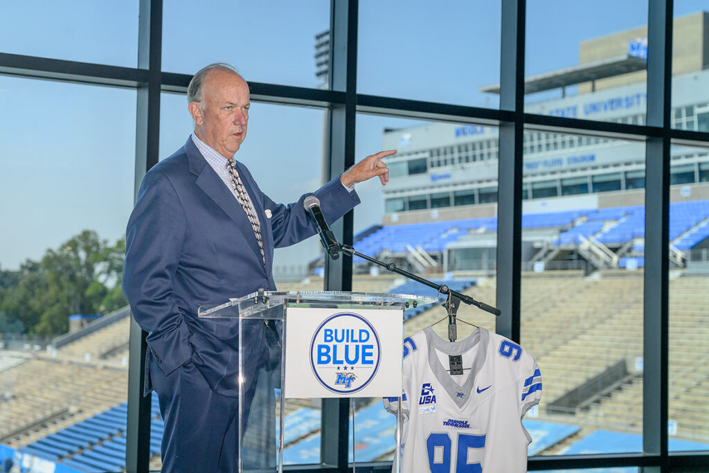 Middle Tennessee State University Board of Trustees Chairman Stephen B. Smith praises the planned $16 million west seating upgrade to Floyd Stadium during a press conference held Thursday, Sept. 3, 2026, inside the SRM Concrete Club on the third floor of the Smith Student-Athlete Performance Center on the stadium’s north end. The project will begin at season’s end and is expected to be completed by the start of the 2027 Blue Raider football season. (MTSU photo by J. Intintoli)