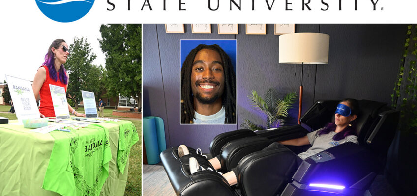 Collage featuring MTSU primary mark, woman lying back in massage chair and woman standing behind informational table outdoors.