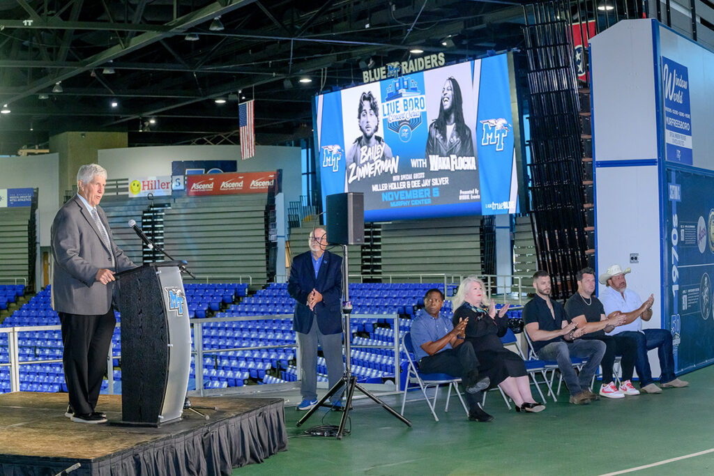 Middle Tennessee State University Director of Athletics Chris Massaro provides details on the Live at MTSU concert series during a press conference held Tuesday, Sept. 8, 2026, inside Murphy Center on campus in Murfreesboro, Tenn. Headliner and multi-platinum country artist Bailey Zimmerman will perform along with hip-hop artist Waka Flocka Flame, rising country act Miller Holler, and genre-blurring DJ/producer Dee Jay Silver. (MTSU photo by J. Intintoli)