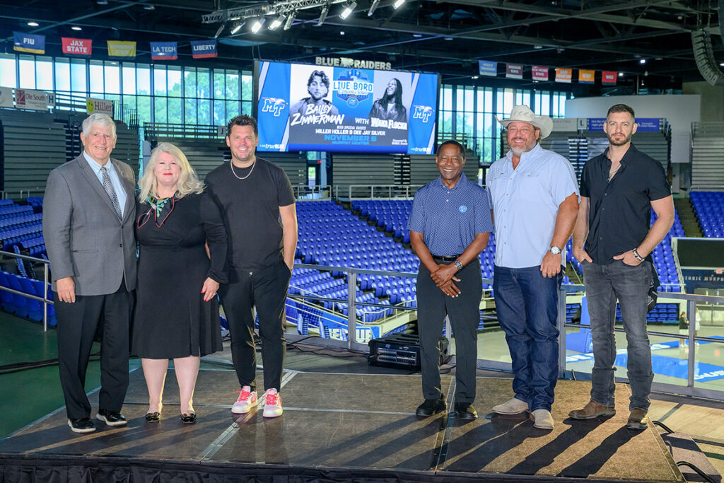Middle Tennessee State University hosted a press conference Tuesday, Sept. 8, 2026, in Murphy Center to announce the Live at MTSU concert series, which launches Nov. 5 at the facility on campus in Murfreesboro, Tenn., and will feature headliner and multi-platinum country artist Bailey Zimmerman will perform along with hip-hop artist Waka Flocka Flame, rising country act Miller Holler, and genre-blurring DJ/producer Dee Jay Silver. Pictured, from left, are Chris Massaro, MTSU athletic director; Carri Hyde, founder and CEO of NVRDUL Events; Dee Jay Silver; MTSU President Sidney A. McPhee; Jason Rittenberry, CEO of Tristar Production Group; and Miller Holler. (MTSU photo by J. Intintoli)