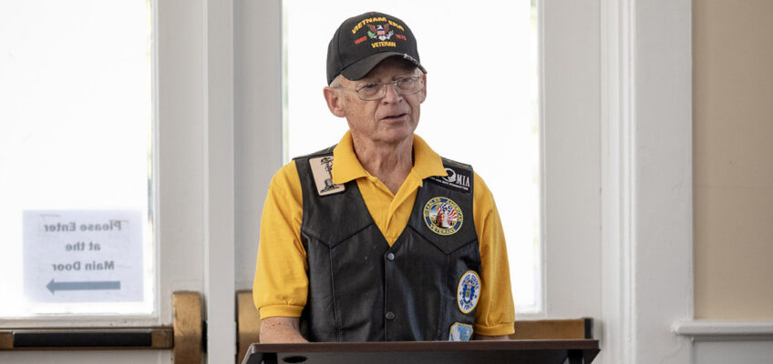 United States Air Force veteran “Mobile Phil” LaPrad shares remarks after being named the 2026 Joe Nunley Distinguished Veteran Award recipient at the Veterans Memorial Service held Saturday, Sept. 19, 2026, inside the Tom H. Jackson Building at Middle Tennessee State University in Murfreesboro, Tenn. The Nunley Award honors the career of World War II U.S. Army veteran and MTSU alum Joe Nunley. (MTSU Photo by Cat Curtis Murphy)