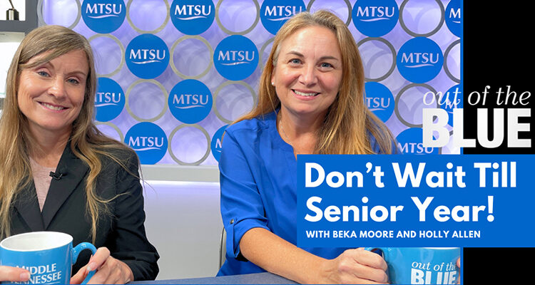 Beka Moore, left, director of Middle Tennessee State University’s Career Development Center, and Holly Allen, assistant director, shared plans for the upcoming “BIG Career Fair” event set for Thursday, Sept. 24, and their research-backed approach to career counseling on this month’s episode of the university’s “Out of the Blue” television magazine program. (MTSU graphic illustration by Joseph Poe)