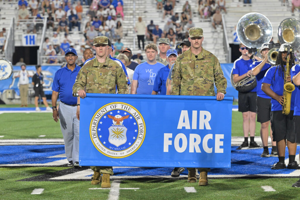 The Joe Nunley Distinguished Veteran Award is just one example of MTSU’s commitment to the military community through the Charlie and Hazel Daniels Veterans and Military Families Center. The award’s presentation is a highlight of the longest running military appreciation football game in NCAA history, MTSU’s annual Salute to Veterans and Armed Forces, which also includes the Veterans Village picnic in Walnut Grove and the halftime military parade across the field in Floyd Stadium. (MTSU photo by James Cessna)