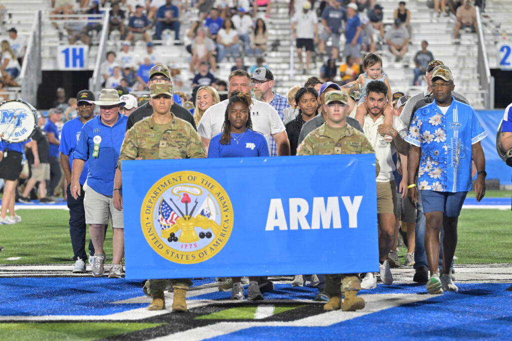 The Joe Nunley Distinguished Veteran Award is just one example of MTSU’s commitment to the military community through the Charlie and Hazel Daniels Veterans and Military Families Center. The award’s presentation is a highlight of the longest running military appreciation football game in NCAA history, MTSU’s annual Salute to Veterans and Armed Forces, which also includes the Veterans Village picnic in Walnut Grove and the halftime military parade across the field in Floyd Stadium. (MTSU photo by James Cessna)