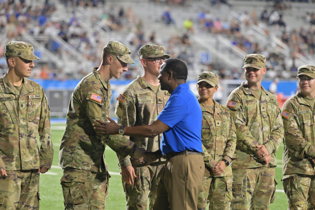 The Joe Nunley Distinguished Veteran Award is just one example of MTSU’s commitment to the military community through the Charlie and Hazel Daniels Veterans and Military Families Center. The award’s presentation is a highlight of the longest running military appreciation football game in NCAA history, MTSU’s annual Salute to Veterans and Armed Forces, which also includes the Veterans Village picnic in Walnut Grove and the halftime military parade across the field in Floyd Stadium. (MTSU photo by James Cessna)