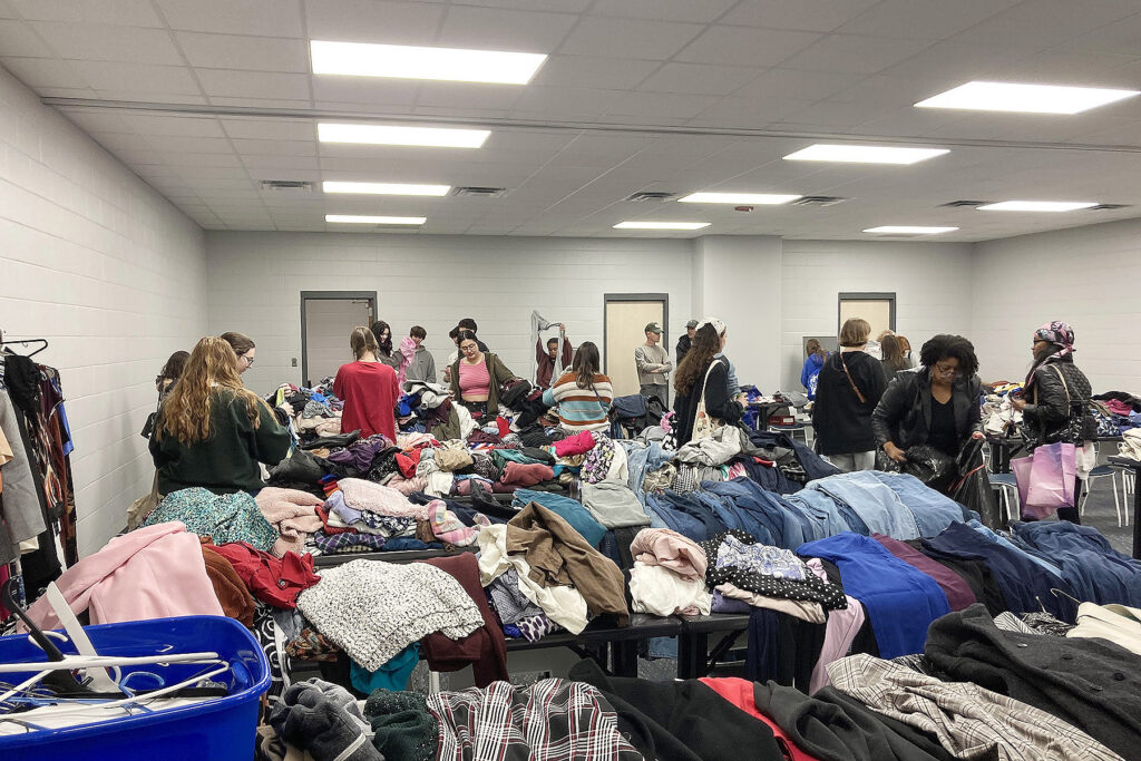 Students at Middle Tennessee State University in Murfreesboro, Tenn., sort through free clothes during a clothing swap in connection with Campus Sustainability Month in October. This year’s event is 4-6 p.m. Monday, Oct. 19, in Room 324 at Keathley University Center. (Submitted photo)