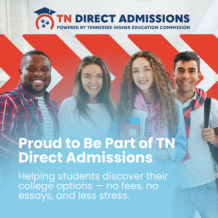 This flyer from the TN Direct Admissions program touts the initiative's feature of allowing students to discover college options with "no fees, no essays, and less stress." (Graphic provided by the Tennessee Higher Education Commission)