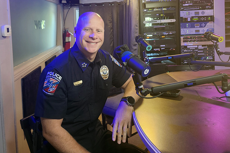 Middle Tennessee State University Police Chief Edwin “Ed” Kaup prepares to be interviewed on the “Action Line” program about campus safety and security on Aug. 17, 2026, from WGNS Radio’s downtown Murfreesboro, Tenn., studio. (MTSU photo by Jimmy Hart)
