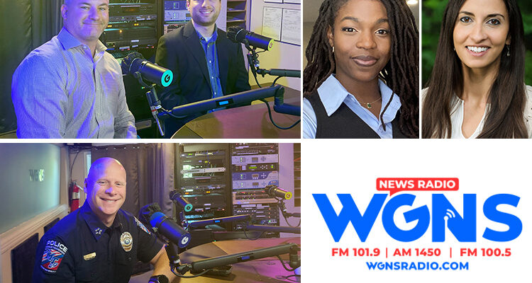 Three men in radio station studio seated at microphones with headshots of two women and WGNS multicolor logo.
