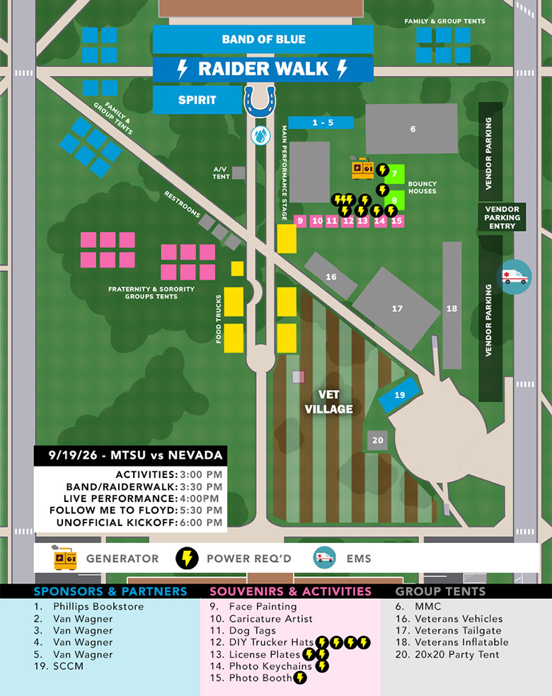 A map of Walnut Grove listing various game day activities.